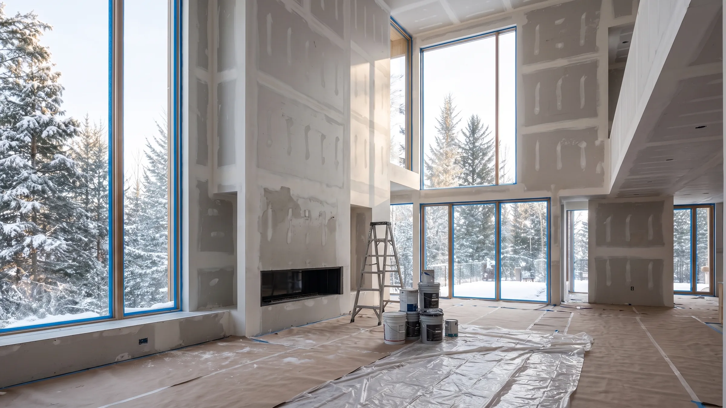 Double-height living room mid-renovation, bare taped drywall and covered floors